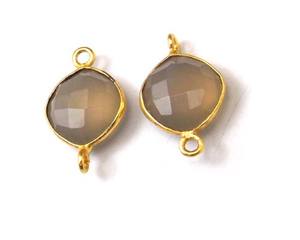Calcédoine grise résultats de pierres précieuses forme de coussin plaqué or fabrication de bijoux connecteur de lunette à facettes fait main - Product Image 2