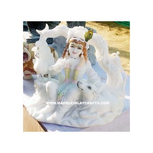 Makrana-escultura de mármol Natural de alta calidad, escultura sentado con vaca en columpio, religioso, Señor Krishna - Product Image 1