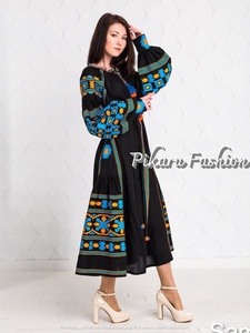 Color sólido de alta calidad largo bordado de manga completa de las mujeres vestidos de fiesta vestido - Product Image 2