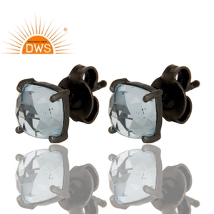 Cushion Cut Blue Topaz Gemstone <b>Studs</b> 925 <b>Silver</b> Rhodium Plated Prong <b>Set</b> <b>Stud</b> <b>Earrings</b> Jewelry Supplier Classic Collection - Product Image 2