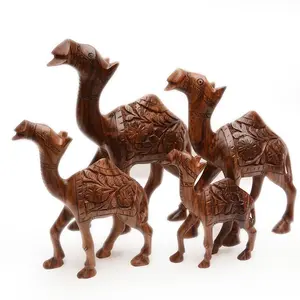 Juego de Camel de madera tallada a mano, figuritas de animales de madera