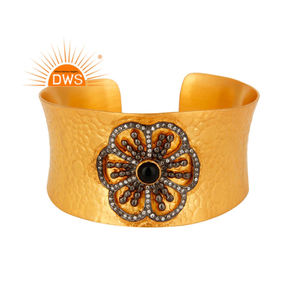 18k <b>Gold</b> Plated Brass Fashion Statement Cuff <b>Bangle</b> Manufacturer CZ Black Onyx Gemstone Cuff <b>Bracelet</b> Jewelry - Product Image 1