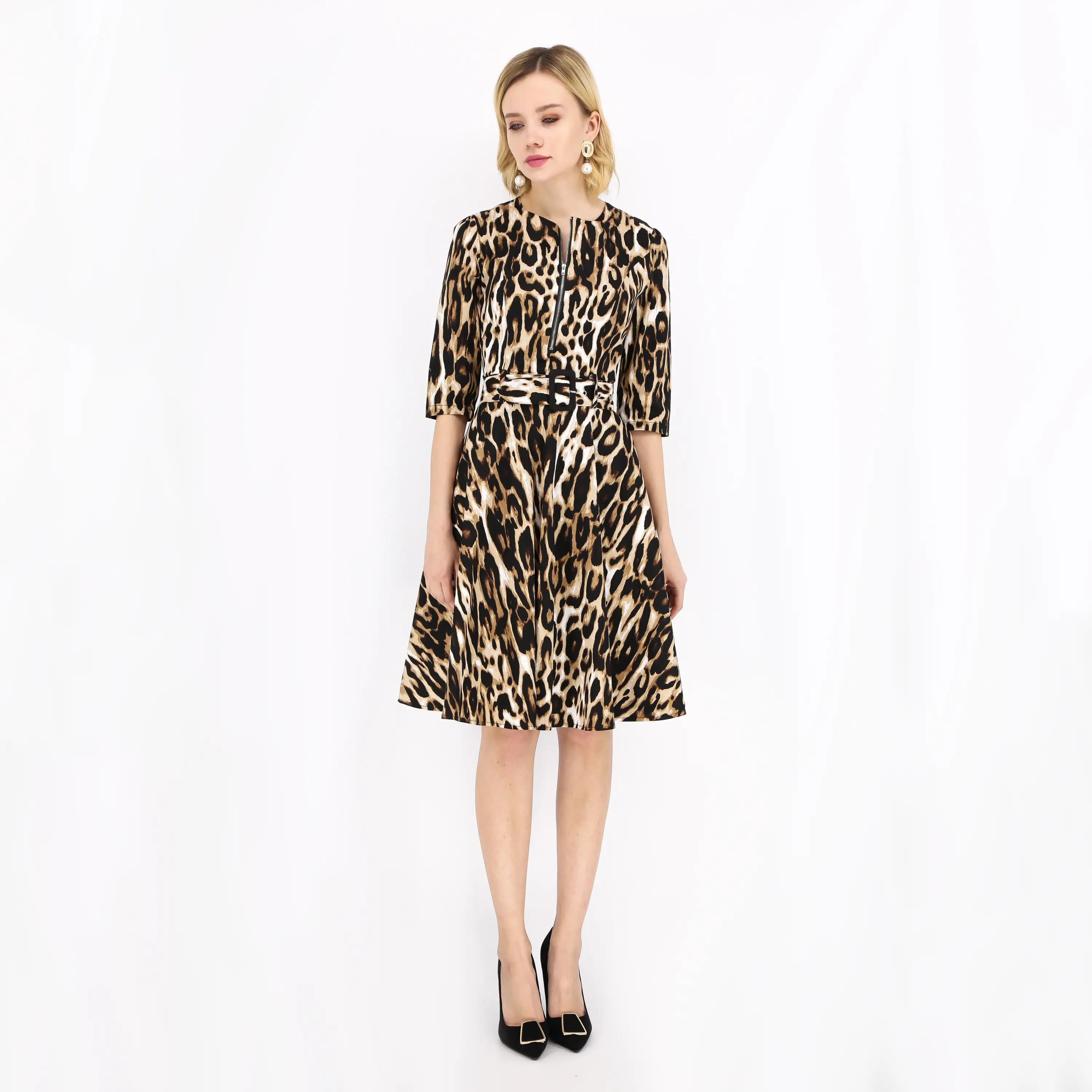 Leopard In Crewneck Mùa Thu Mùa Hè Dây Kéo Kim Loại Phía Trước Với Thắt Lưng Khuỷu Tay Tay Áo Lều Cotton Dress