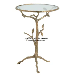 Mesa auxiliar de lujo de aluminio con rama de árbol, acabado de oro antiguo, mesa de vidrio