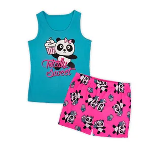 OEM bebé niños niño ropa OEM tanque de verano azul sin mangas pantalones cortos de color rosa de impresión niños chica Panda conjunto de pijamas