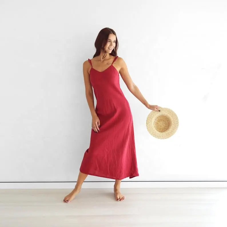 Valentine Special Rosy Red Pure Natural Linen Ladies Tunic Summer Bohemian Style Chic Linen Midi Dress Women Beach Wedding Dress