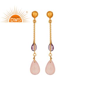 Canner — boucles d'oreilles en chaîne plaquée or 18k, améthyste Rose, calcédoine, bijoux indiens en argent, vente en gros - Product Image 1