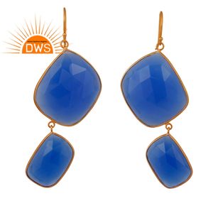 Pendientes de plata de ley 925 con gancho chapado en oro, joyería con piedras preciosas de Calcedonia azul - Product Image 1