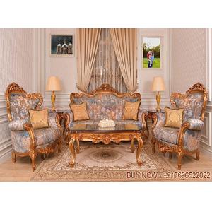 Muebles de Salón Antiguos de Madera Maciza Italiana, Juego de Sofás Clásicos Italianos para Salón, Pulido Dorado, Juego de Sofás de 5 Plazas para Salón - Product Image 1