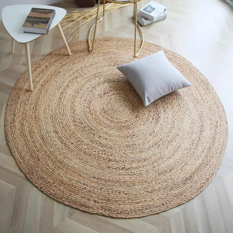Hot selling round brown woven water hyacinth floor mats, rugs, handmade round bedroom mat, round straw carpet
