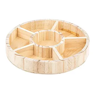 Solid wood custom handmade Round shape Wood color snacks wood tray With segmentation Compartment