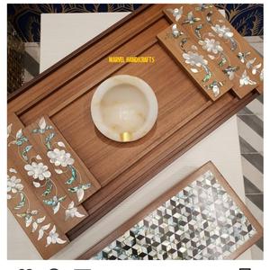 Bandeja de servicio artesanal de madera para decoración del hogar, utensilios de cocina de regalo de la madre de la Perla del GULF, bandejas de Ramadán árabe - Product Image 3