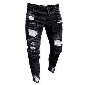 กางเกงยีนส์ขาดทรงสกินนี่ลำลองสำหรับผู้ชาย,กางเกงรัดรูปยืดกางเกงปักลายขาดมีซิปขาด - Product Image 3