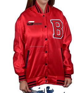 Venta al por mayor de chaqueta de bombardero de satén con letras hechas a medida para hombre estilo universitario con cuello levantado frente ropa de invierno diseño liso con apliques - Product Image 1