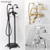 Robinet de baignoire STOCCO chromé à montage au sol, double poignée, douchette téléphonique, bec de baignoire, en laiton avec cartouche céramique