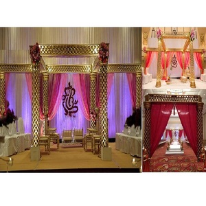 Golden Jali Pillars Indian Wedding Event Square Mandap Tema antiguo Crystal Mandap con luces LED Cumpleaños Jali Mahrani Mandap - Product Image 1
