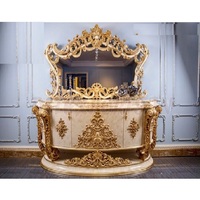 Ensemble console et miroir de style baroque victorien de luxe en bois de teck, avec miroir de vanité à feuilles d'or, grande taille, nouvelle arrivée, prix raisonnable