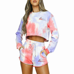 Ensemble d'été multicolore pour femmes, top court à col rond et manches longues avec cordon coulissant - Product Image 4