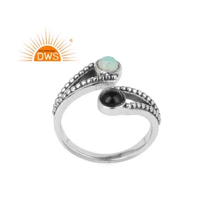 Oxidized Sterling Silver Natural Black Onyx And Ethiopian Opal Gemstone Adjustable Ring For Women Jewelry Manufacturer