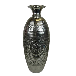 Elegant Flower <b>Vase</b> Home Decoration Metal <b>Vase</b> in Grey Color Engraved Floral Design Round Shape Modern for Home Decoration - Product Image 1