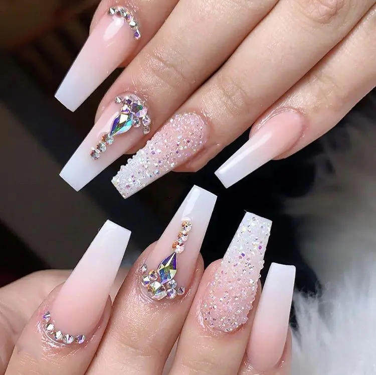 Уникальный драгоценный камень накладные ногти полное покрытие французский стиль салон ногтей прозрачные белые накладные ногти