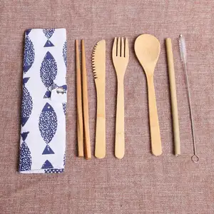Biodegradable <b>Bamboo</b> Cutlery Travel Set With Bag, <b>Bamboo</b> Spoon Fork Knife Drinking <b>Straw</b> Clean Brush Chopsticks Set Handicraft - Product Image 1