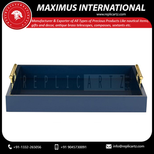 Maximus International Luxury Navy <b>Blue</b> Wooden Art Deco Serving Tray Gold Handles | Decorative Coffee <b>Table</b> Organizer Multi-piece - Product Image 2