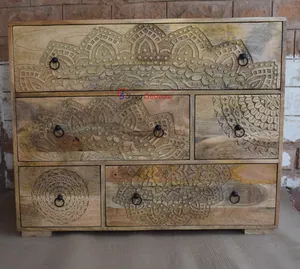 Indian Mango Wood Furniture Carved 6 Drawer Chest Cabinet