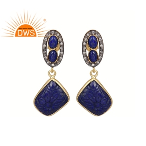 Natural Lapis and CZ Gemstone Sterling Silver Gold Plated Drop Earrings-Trendy Party Gift Jewelry - Product Image 1