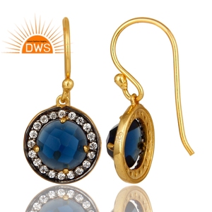 Pendientes de Gancho de Plata 925 Chapados en Oro de 14k, Pendientes de Circonita con Piedra Preciosa de Corindón Azul al por Mayor, Colección Clásica de Joyería - Product Image 2