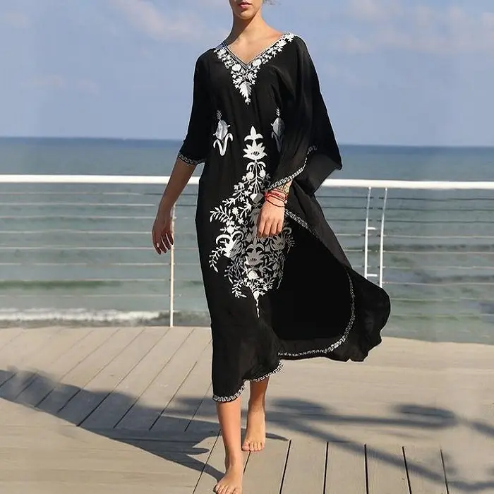 Schöne Lange Gestickte Lose Fit Schwarz Baumwolle Kleid Mit Erstaunlich Weiß Stickerei Badeanzug Cover Up Resort Tragen Kaftan Kleid