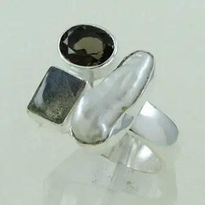 Pearl Garnet Labradorite Three Stone Adjustable Multi Gem Stone 925 Sterling Silver Ring Jewellery Supplier India