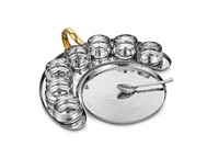 Service de table indien moderne de luxe en acier inoxydable et cuivre, comprenant 1 assiette Thali, 5 bols, 1 verre et 1 cuillère