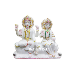 Hermosa Estatua de Mármol Hecha a Mano de Vishnu y Laxmi Sentados - Product Image 1