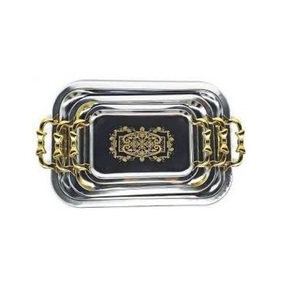 Metal Steel Finished <b>Serving</b> <b>Tray</b> With <b>Gold</b> Handle for Kitchen Use - Product Image 1