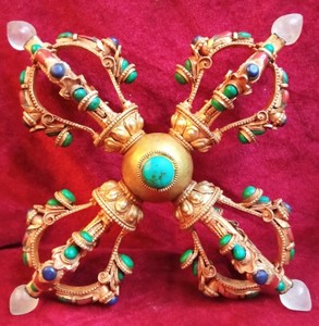 Double Dorjee fait main du Népal, cadeau religieux, tour de Bouddha et de déesse en cristal poli, décoration Feng Shui pour la maison, gravé et plaqué or - Product Image 2