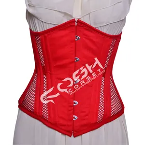 Underbust Steelboned Waist Training Extreme Curvy Red Cotton With Mesh Panels Corset Sexy Women Slimming Corset