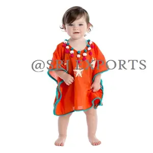 Gorgeous Playful Exciting Beach Caftan Bright Breathable Perfect Sunny Days Pom Pom Trim Star Fish Embroidered Cover Up