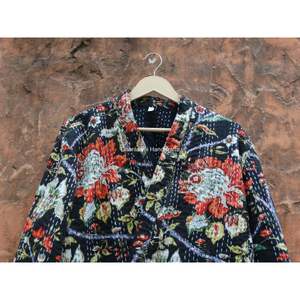 <b>Black</b> Floral Printed <b>Women</b> <b>Coat</b> Ethnic Kantha Jacket Woven <b>Winter</b> Wholesale Cotton Short Maxi Bathrobe Handmade - Product Image 6