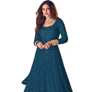 הלוהטים יוקרה פקיסטני במגמת מלא שרוולים ארוך ג 'ורג' ט ושיפון בד שמלת סוג הודי מערבי Anrakali