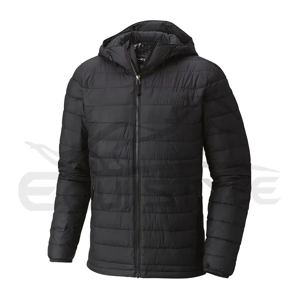 Zwarte Puffer Jas Met Capuchon Rits Aan De Voorkant, Regular Fit Voor Heren Gewatteerde Jas Polyester Stof Groothandel Winter Bubble Jas