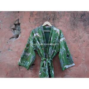 Robe Maxi en coton, tenue de nuit matelassée à la main, tissu imprimé Jungle, Style Kimono Kantha, vente en gros, 100% - Product Image 6