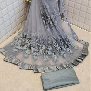 <b>Net</b> <b>Fabric</b> Saree with Embroidery Heavy Work With Pearl Flower and Stone Work - Product Image 1