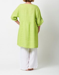 Robe tunique en lin vert lime, col rond, manches trois quarts, coupe ample, longueur midi, avec poches, tenue décontractée d'été - Product Image 6