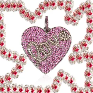 最佳情人珠宝银心形爱心热粉色铺路钻石超闪亮魅力吊坠给她的新年礼物