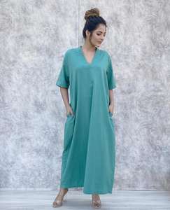 Arrival fashionable trending latest design v-neck half sleeve sexy sky blue crepe fabric floor length women linen dress - Product Image 4