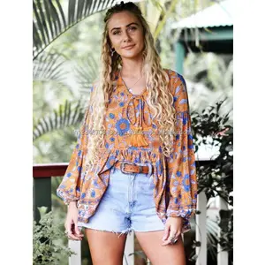 Hot Selling Ladies Fashion Bloom Bloemen Printing Gypsy Boho Vrouwen Blouse Custom Logo Beschikbaar Floaty Lijnen Sexy Top Voor Dames