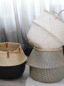 สินค้าขายดี!!! ตะกร้าหญ้าทะเลแบบพับได้สไตล์โบฮีเมียนทำมือทนทานพร้อมที่จับอเนกประสงค์ - Product Image 4