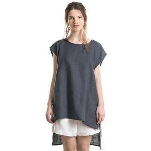 Débardeur en lin de charbon de bois élégant et confortable pour femmes, haut bas, coupe ample, manches courtes, grande taille, tenue décontractée solide, t-shirt - Product Image 2