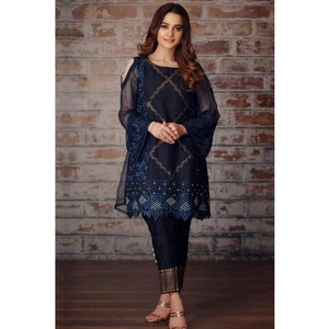 Kameez shalwar ชุดเดรสปาร์ตี้3ชิ้นสีฟ้าชุดลูกไม้ธรรมชาติสำหรับผู้หญิงปากีสถานขายดี - Product Image 3
